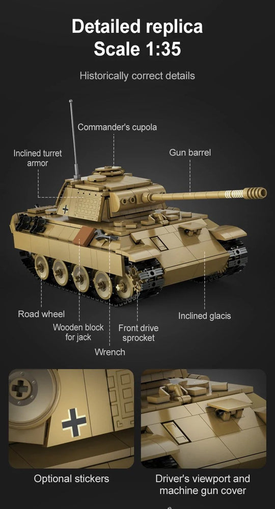 CaDA WWII German Panther Tank Remote Controlled Brick Building Set 907 Pieces