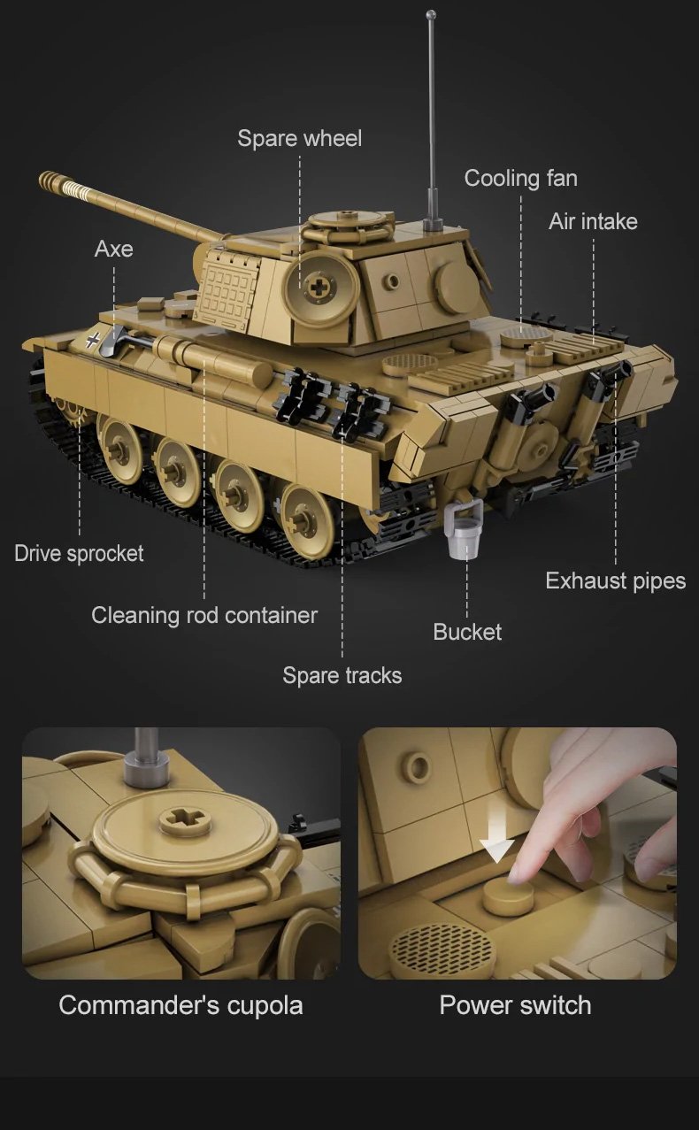 CaDA WWII German Panther Tank Remote Controlled Brick Building Set 907 Pieces