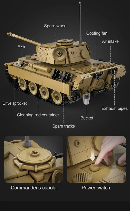 CaDA WWII German Panther Tank Remote Controlled Brick Building Set 907 Pieces