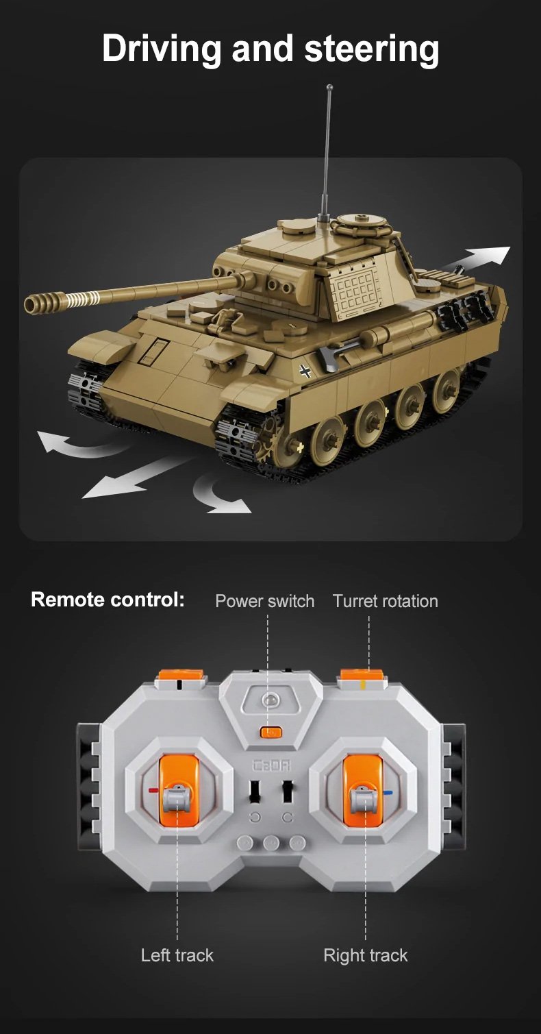 CaDA WWII German Panther Tank Remote Controlled Brick Building Set 907 Pieces