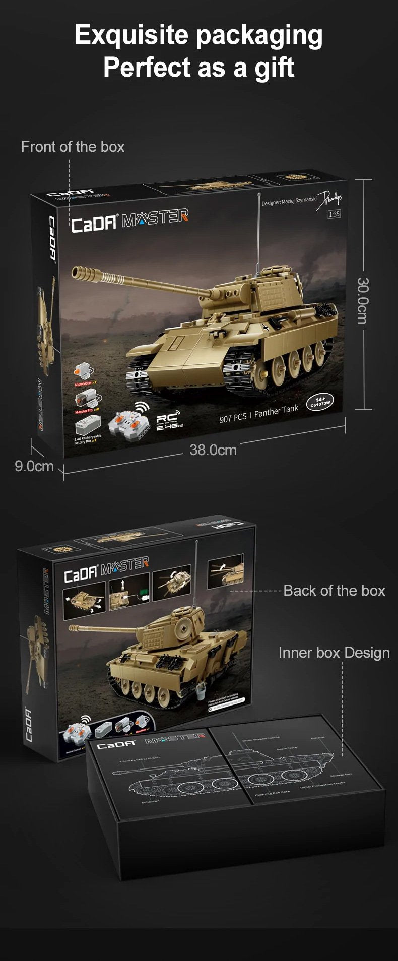 CaDA WWII German Panther RC Tank Brick Set – 907-Piece Remote