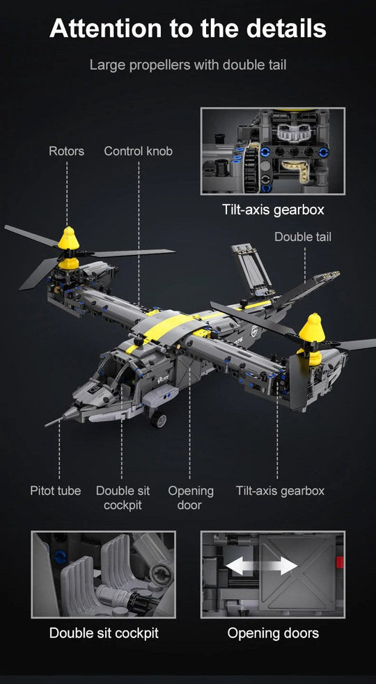 CaDA Tiltrotor Helicopter (Non-Motorized) Brick Building Set 1,436 Pieces
