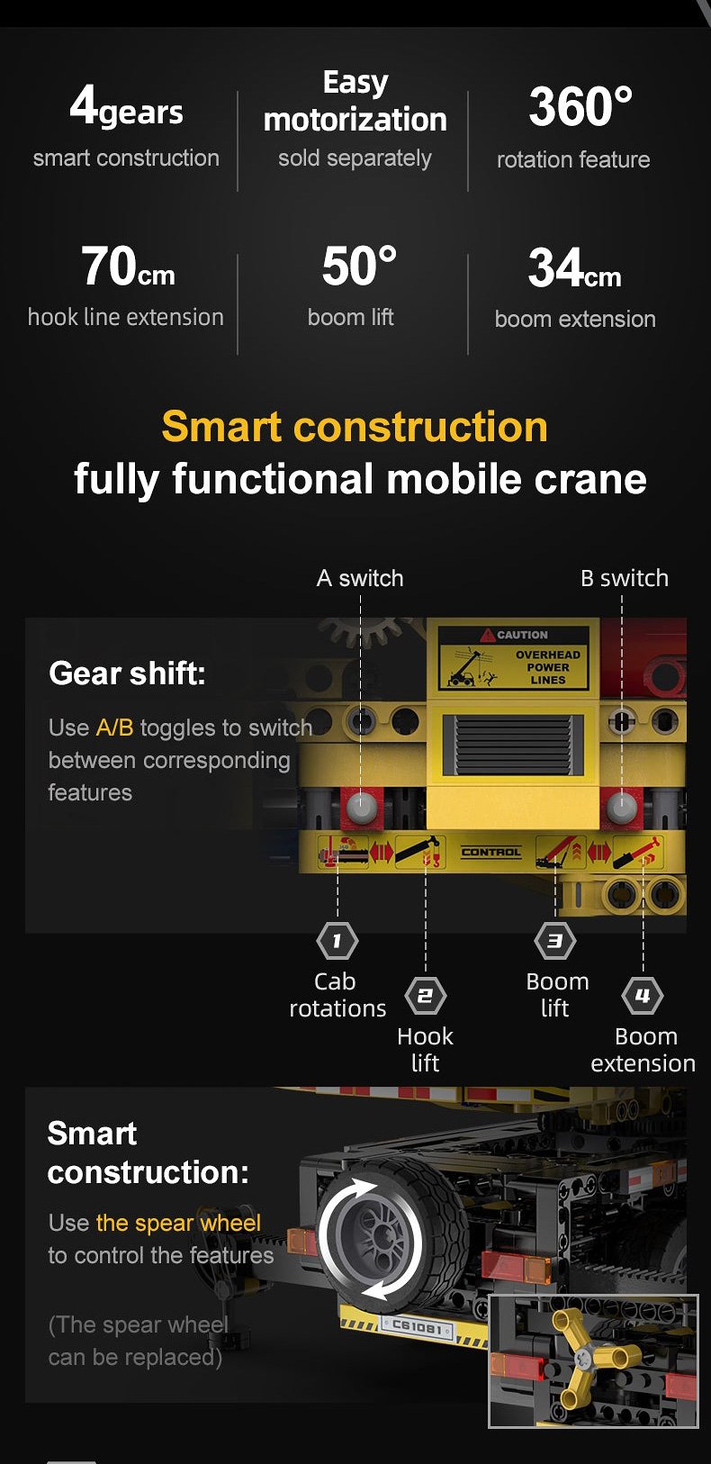 CaDA Mobile Extension Crane Construction Series (Non-Motorized) Brick Building Set 1,831 Pieces