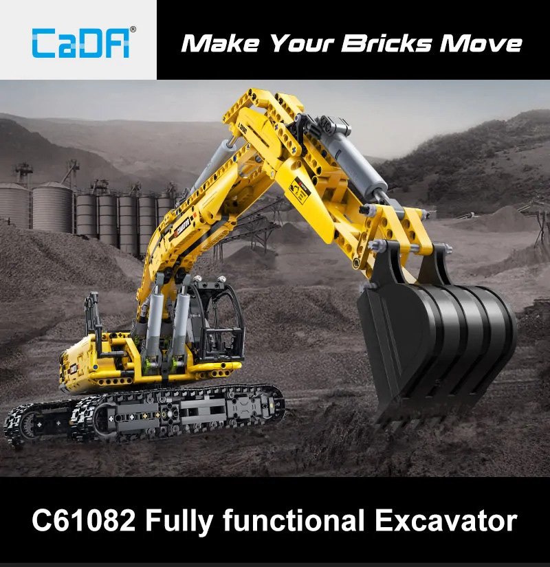 CaDA Full Function Excavator Construction Series (Non-Motorized) Brick Building Set 1,702 Pieces