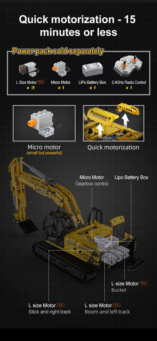 CaDA Full Function Excavator Construction Series (Non-Motorized) Brick Building Set 1,702 Pieces