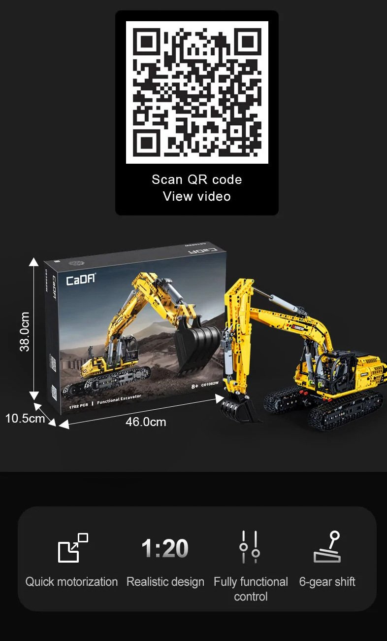 CaDA Full Function Excavator Construction Series (Non-Motorized) Brick Building Set 1,702 Pieces