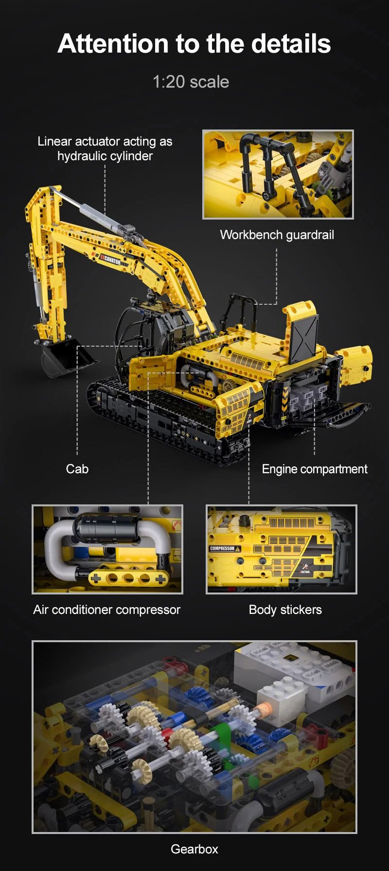 CaDA Full Function Excavator Construction Series (Non-Motorized) Brick Building Set 1,702 Pieces