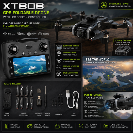 XT808 Foldable GPS Drone with HD Camera & LCD Screen Controller
