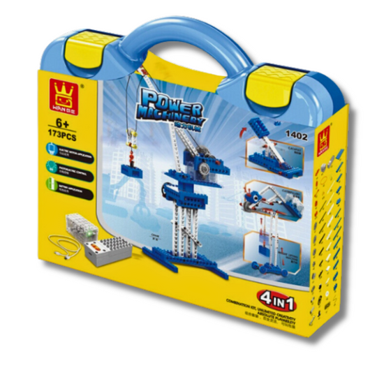 WANGE 1402 Power Machinery – 173-Piece STEM Crane, Catapult, Tracked & Gravity Car Set