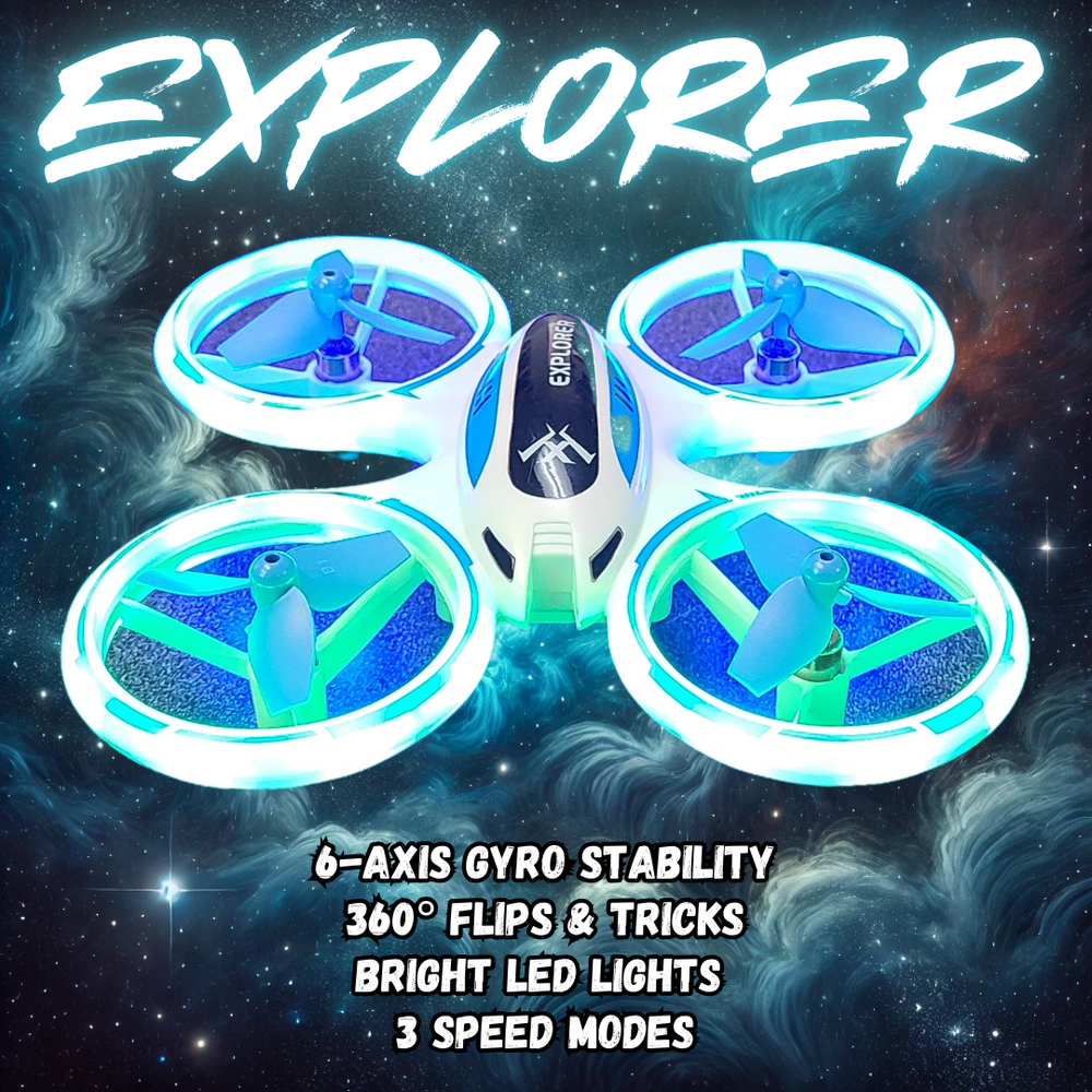 IMEX Explorer Drone – Palm-Sized Quadcopter with 6-Axis Gyro, LED Lights, and 360° Flips