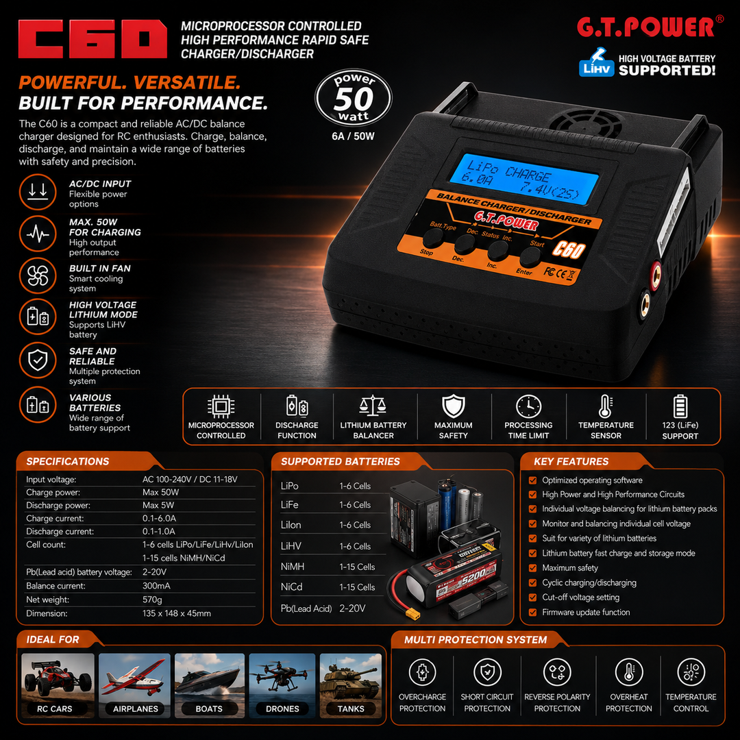 G.T. Power C60 AC/DC Balance Charger Discharger 50W 6A