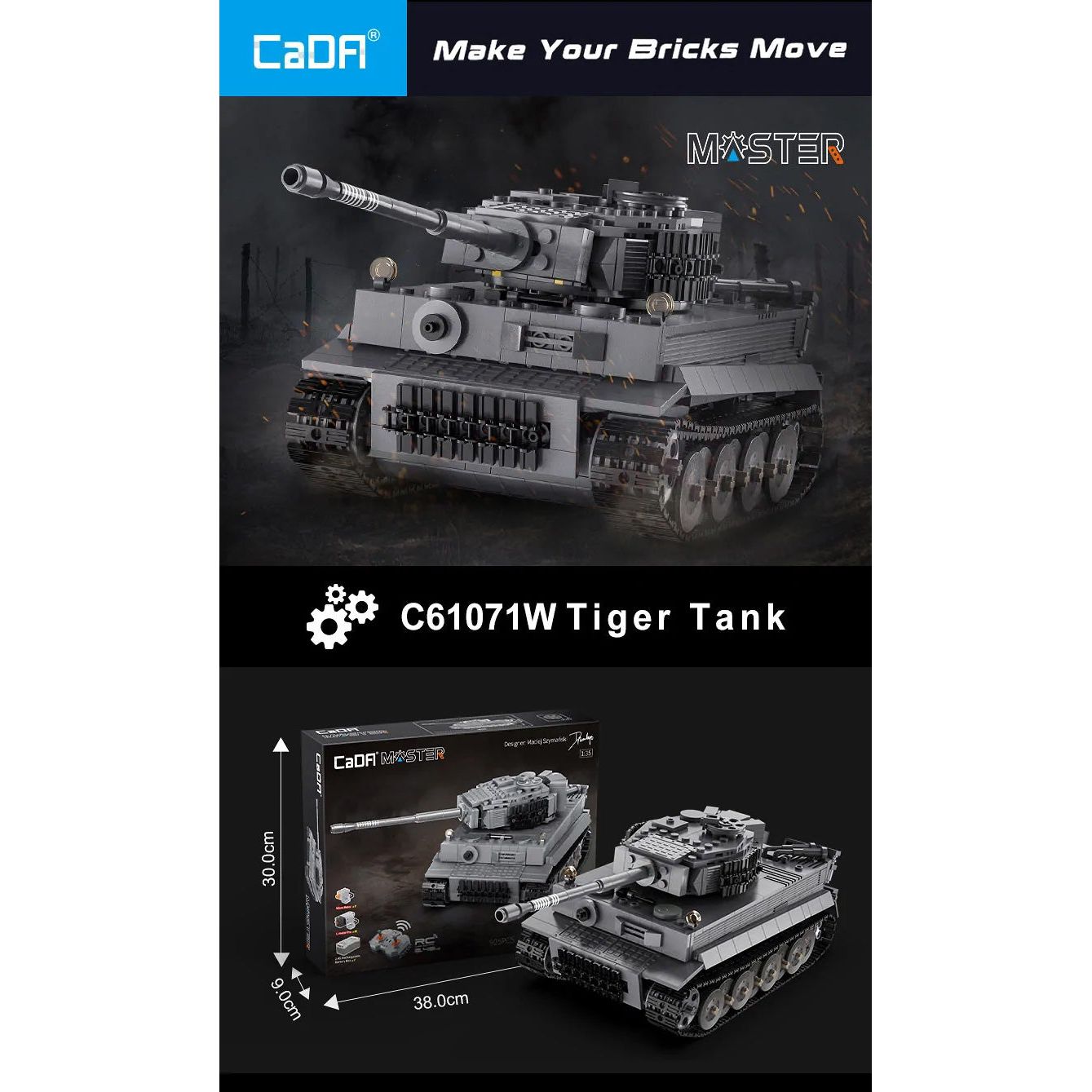 CaDA Masters WWII German Tiger Tank Remote Controlled Brick Building Set 925 Pieces